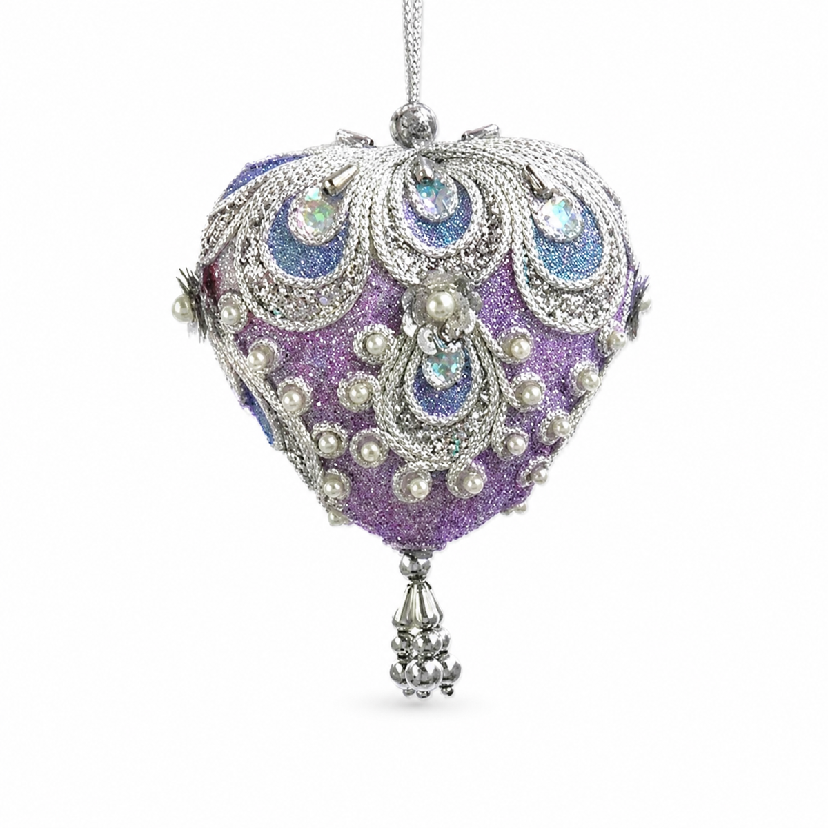 Lavender and Blue Beaded Christmas Ornament, Heart design: a plump heart, pearl beads gathered toward its point
