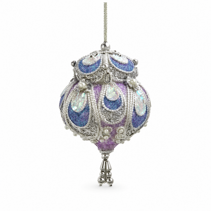 Lavender and Blue Beaded Christmas Ornament, Finial design: a scalloped crown over a rounded body, shaped like a small lantern