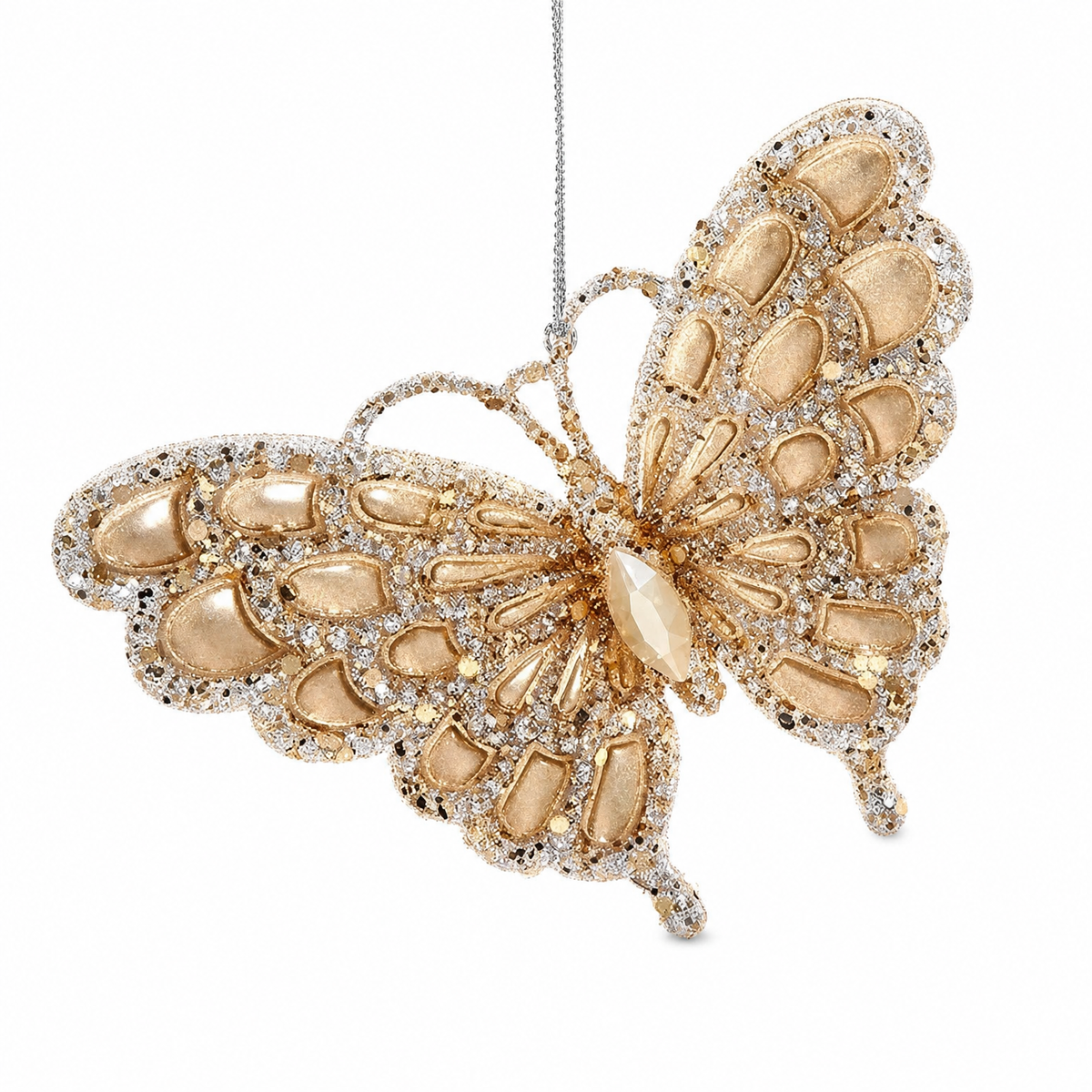 Platinum and Gold Butterfly Christmas Ornament, Satin Gold design: smooth gold panels outlined in glitter, a faceted jewel at the body
