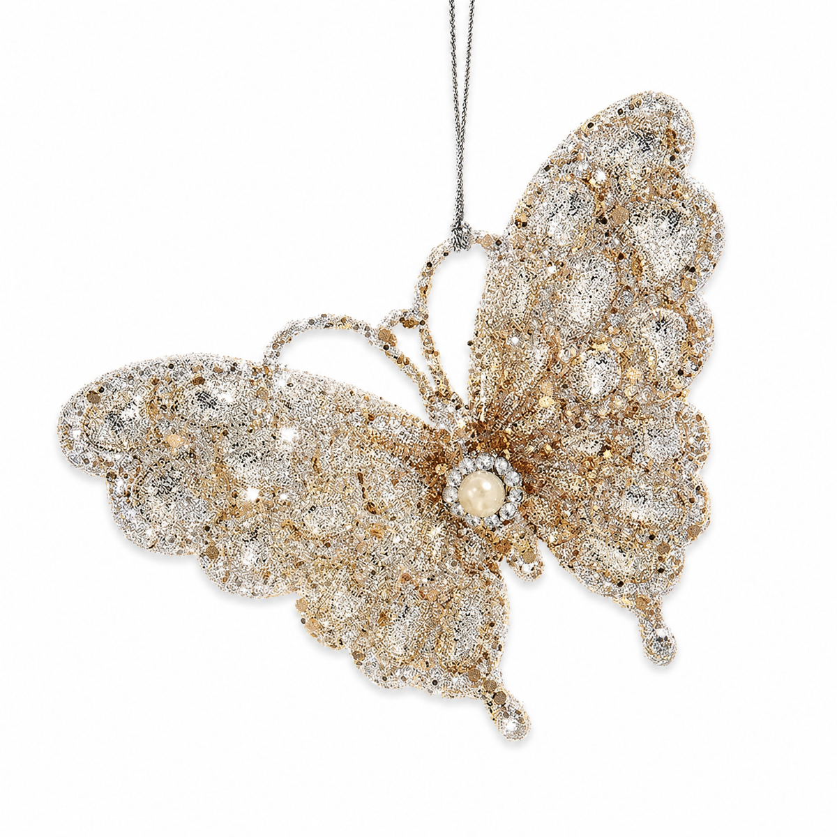 Platinum and Gold Butterfly Christmas Ornament, Silver Glitter design: silver and gold glitter over every wing, a pearl center ringed in silver