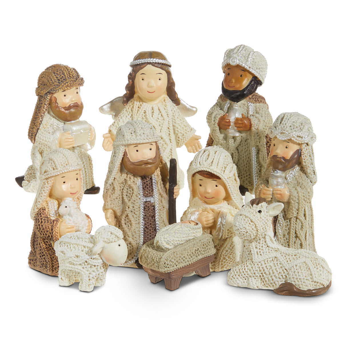 3 Inch Mini Nativity, Set of 10, A ten-piece miniature resin nativity set in a cream cable-knit finish with the three kings, an angel, a shepherd, Mary, Joseph, Baby Jesus, a sheep, and a donkey.