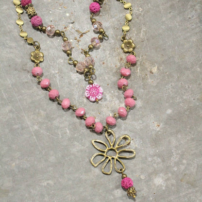Flower Power Pendant Czech Pink Beads Layered Necklace