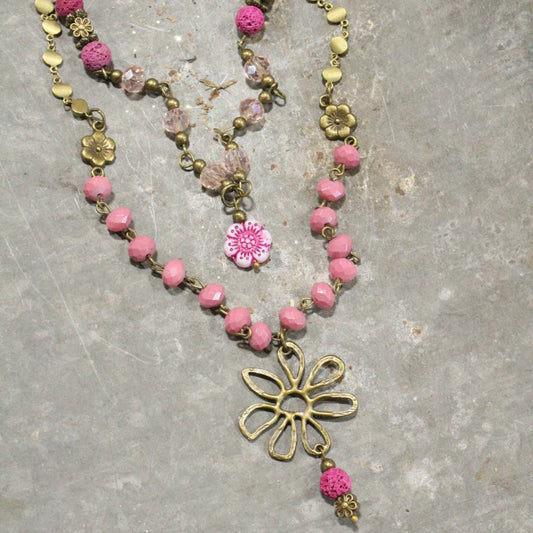 Flower Power Pendant Czech Pink Beads Layered Necklace