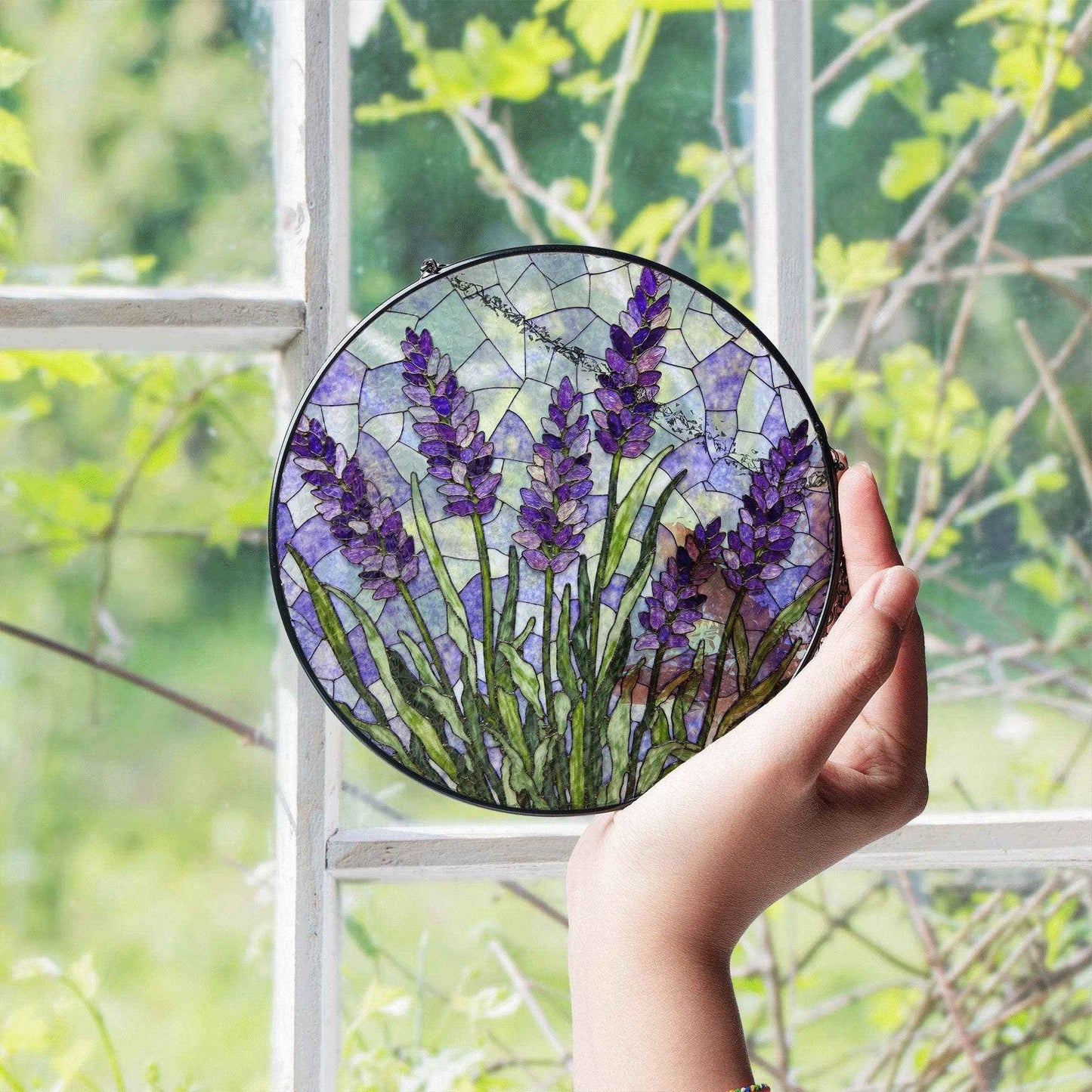 Lavender Flower Stained Glass Window Round Suncatcher