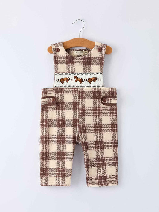 Western Horse Embroidered Smocked Plaid Baby Boy Romper: 3M