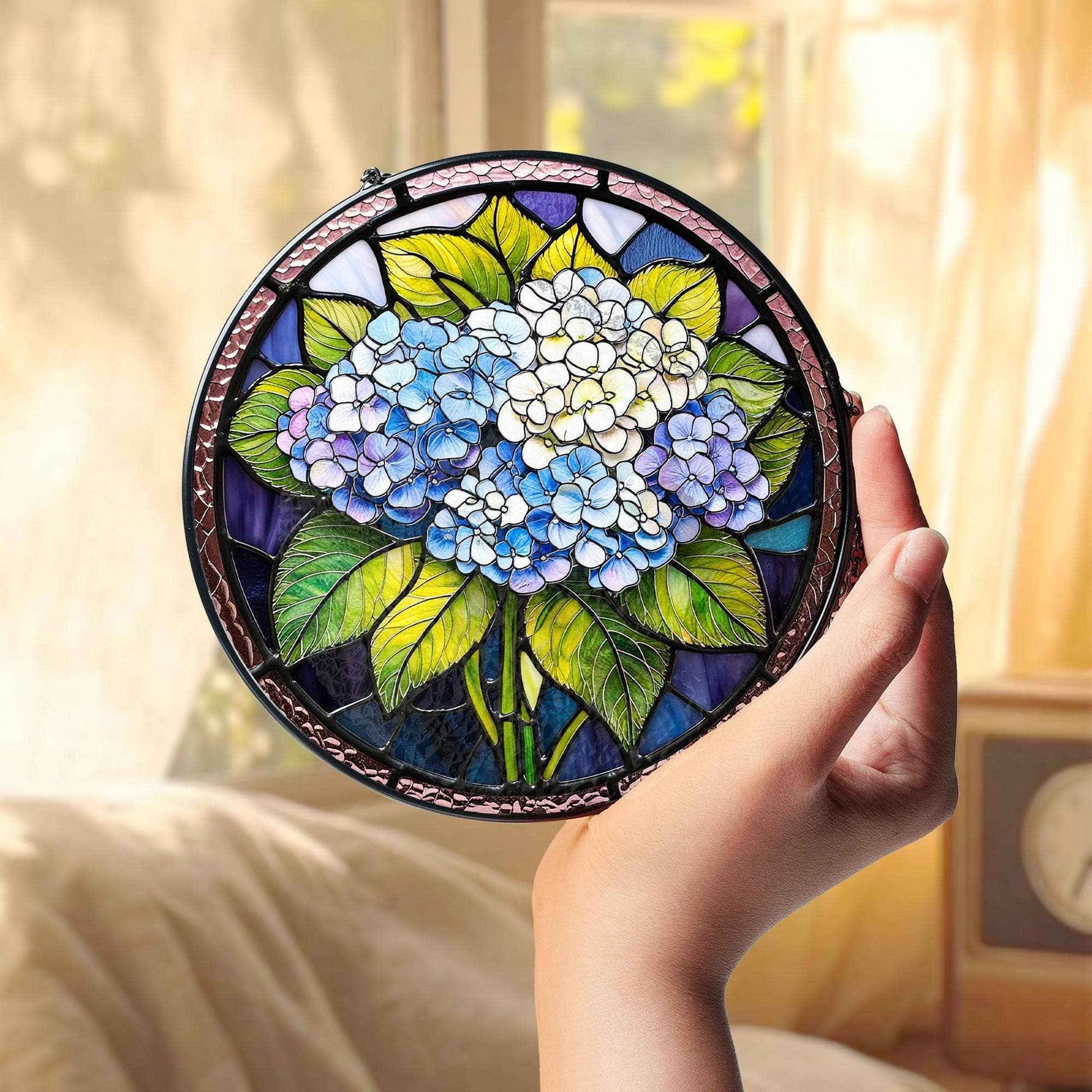 Blue Hydrangea Stained Glass Suncatcher, Plant Garden Gift