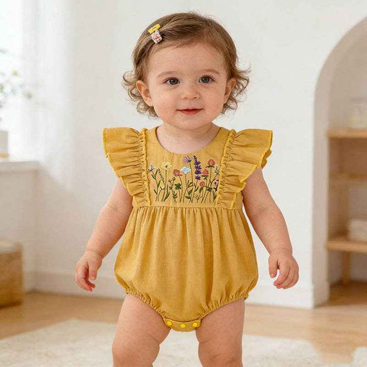 Baby cotton floral embroidery bodysuit romper: Yellow / 0-3M