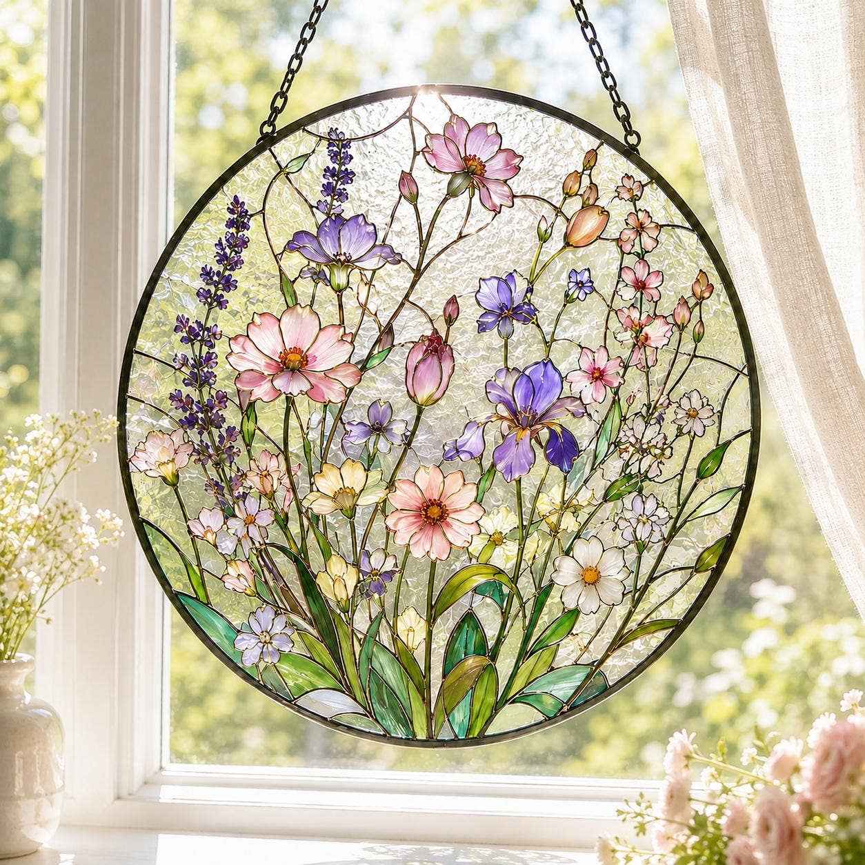 Pastel Flower Suncatcher, Stained Glass Style Window Hanging