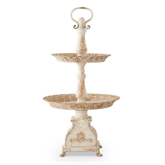 31.5 Inch White and Gold Washed Metal 2-tiered Tabletop Tray