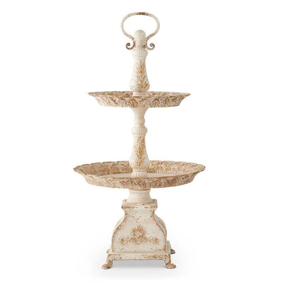 36.5 Inch White and Gold Washed Metal 2-tiered Tabletop Tray