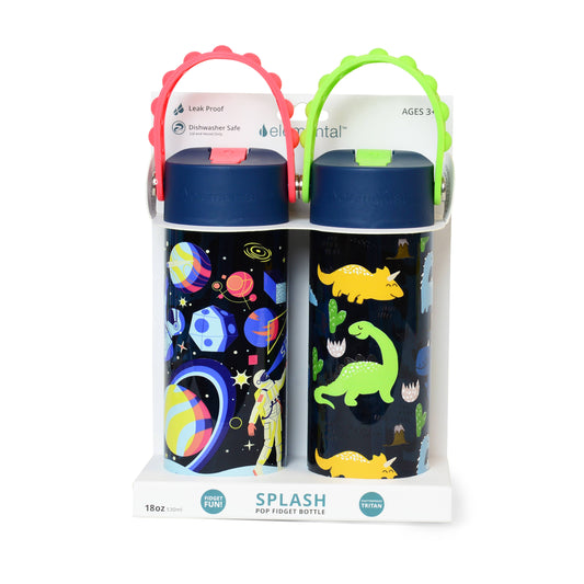 Fidget Handle Kids Tritan Bottle 2Pk 18oz Space/Dino Navy