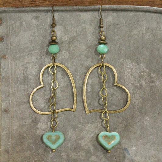 Turquoise Czech Heart Dangle Earrings