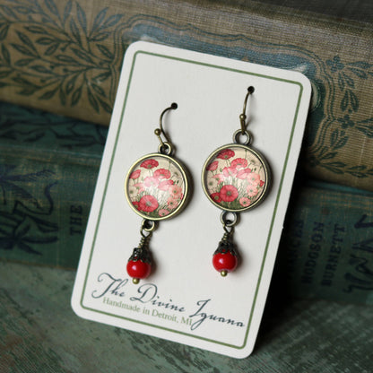 Pink and Red Poppy Flower Glass Cabochon and Bronze Earrings