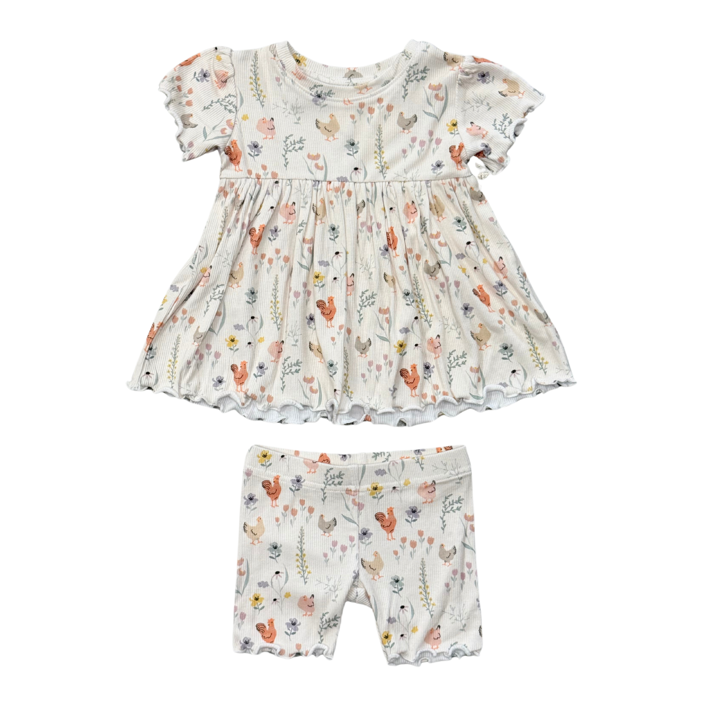 Girl's Babydoll Set: Floral Chickens / 0-3M
