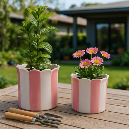 Planters Set of 2 - Pink Ceramic Striped Scallop, 6/8 in.