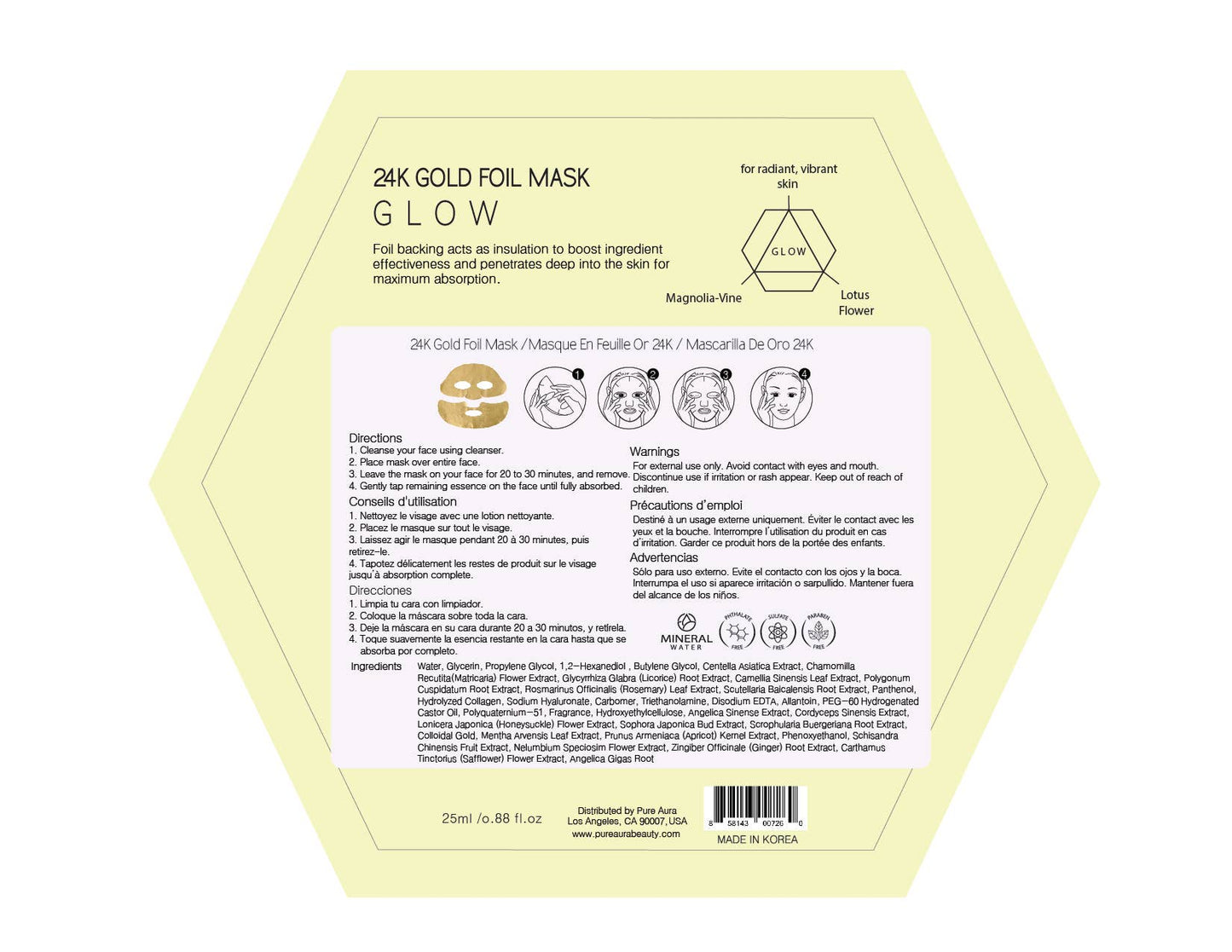 MASCARILLA FACIAL DE LÁMINA METÁLICA DE ORO DE 24 K DE LUJO