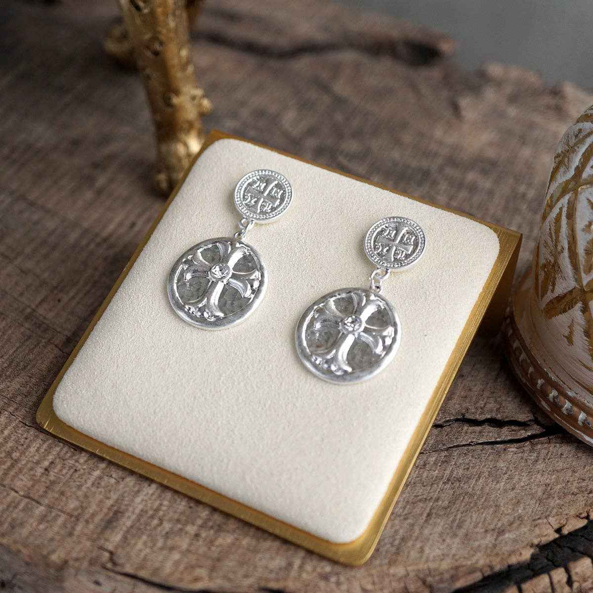 Faith & Relic – Cross Coin Dangle Earrings in Worn Gold or Silver: Gold