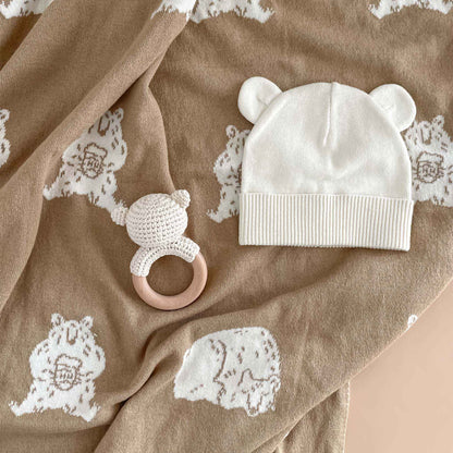 Set Honey Bear Blanket Hat and Teether Baby Gift Summer: Brown Bear