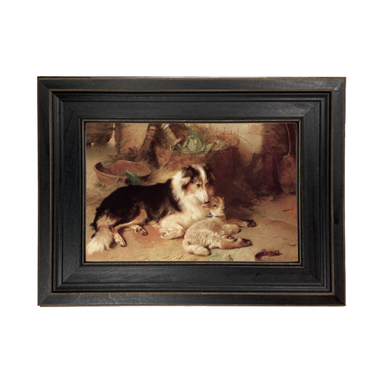 Motherless Lamb with Dog Framed Oil Painting Print on Canvas