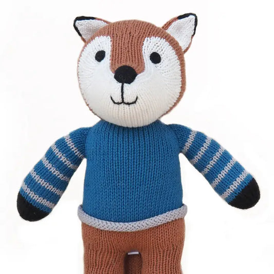 Handmade Knit Fox in Blue Sweater