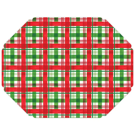 Posh Die Cut Placemat Handpainted Hunter Gr&Red Trad Plaid