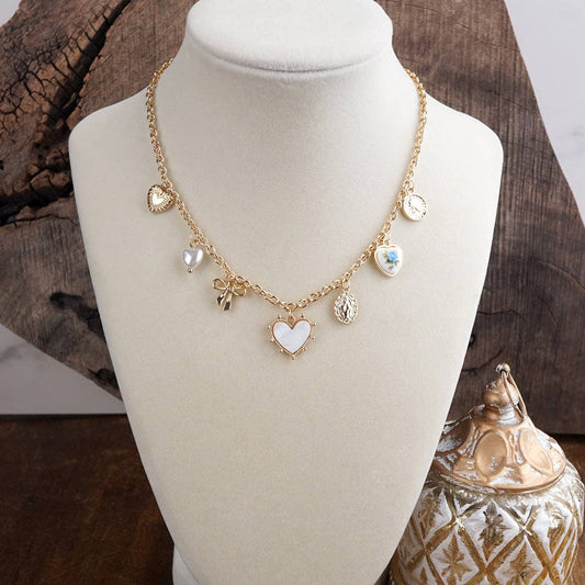 Multi-Charm Heart Necklace in Gold Tone