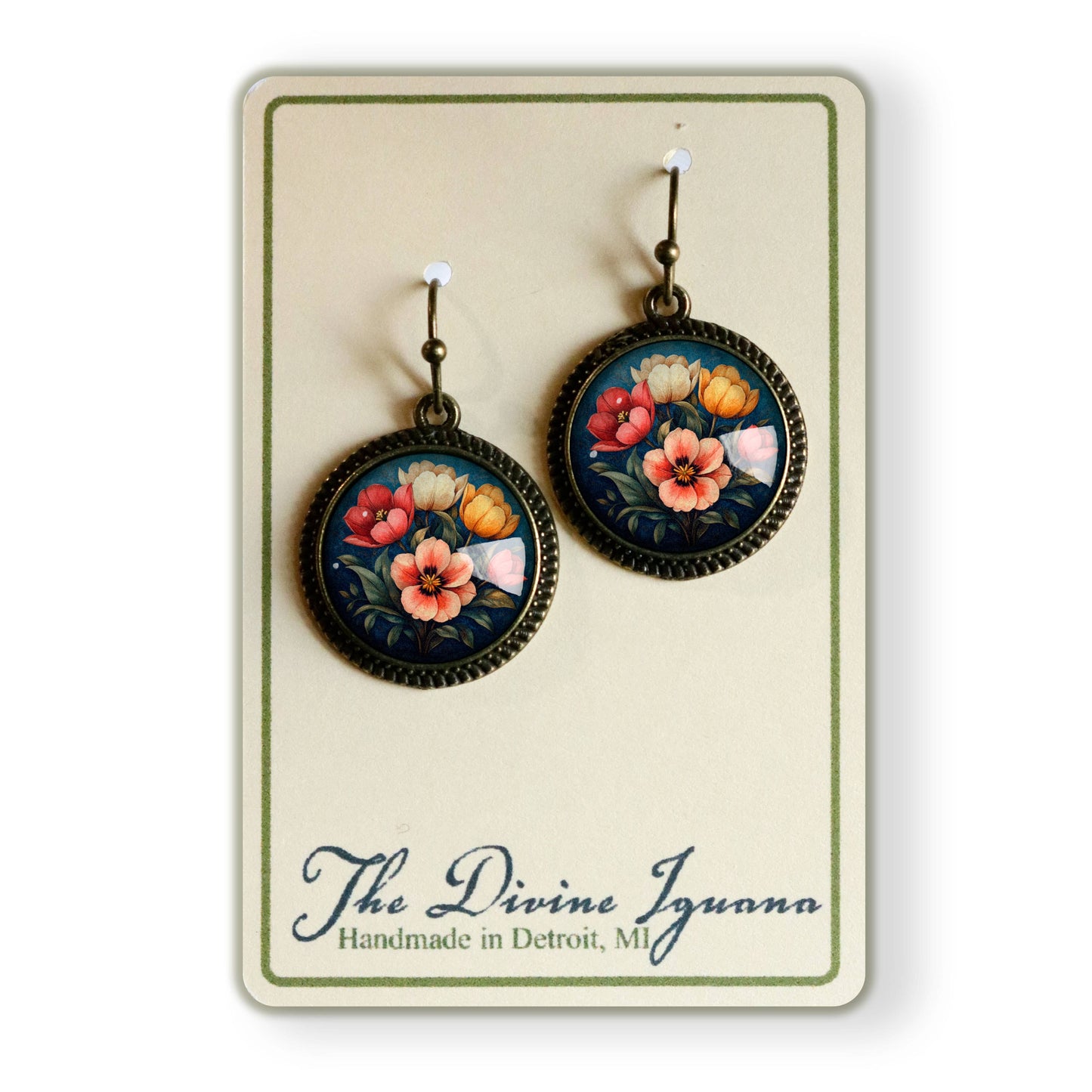Moody Tulip Spring Glass Cabochon and Bronze Earrings