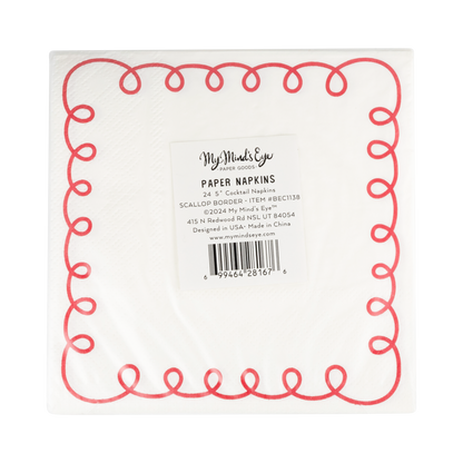 BEC1138 - Red and Cream Scallop Border Paper Cocktail Napkin
