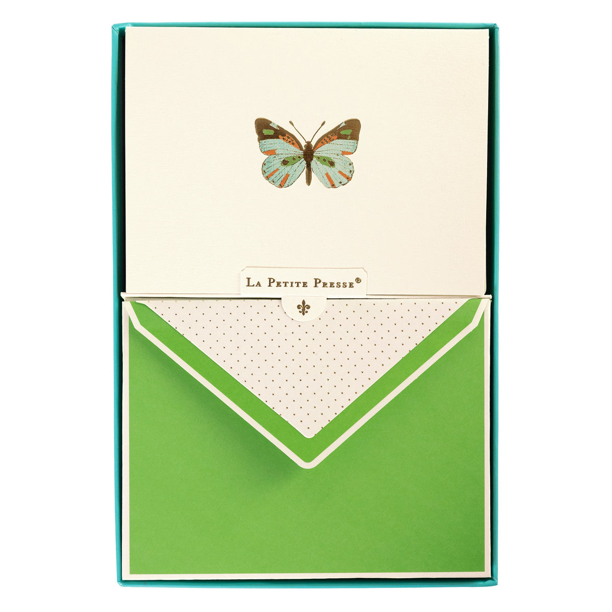 La Petite Presse Butterfly Boxed Correspondence Notes, A cream notecard with a colorful teal, orange, and brown foil butterfly, paired with a bright green lined envelope in an open teal gift box.