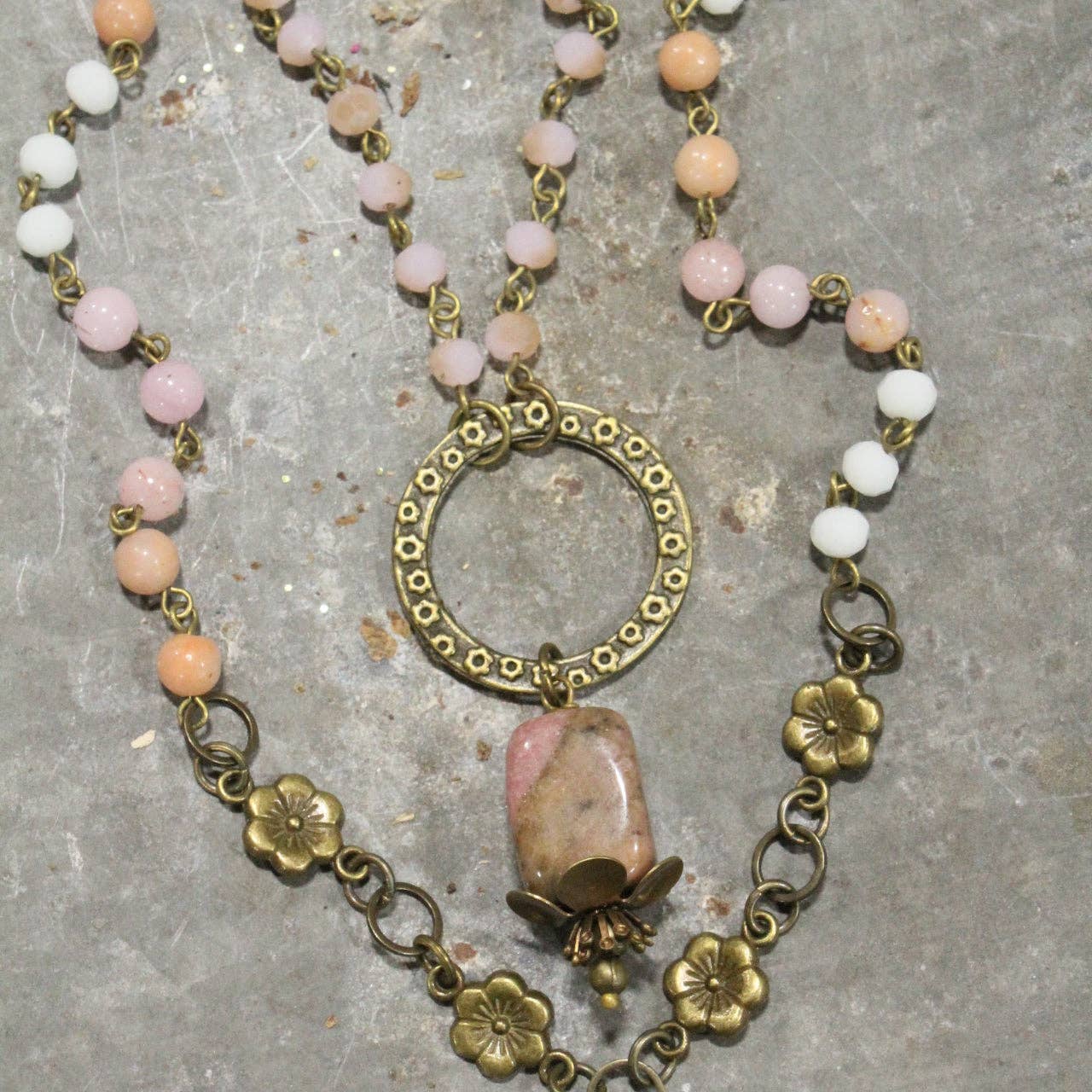 Double Layered Blush Bead & Flower Pendant Necklace