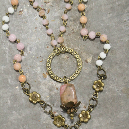 Double Layered Blush Bead & Flower Pendant Necklace