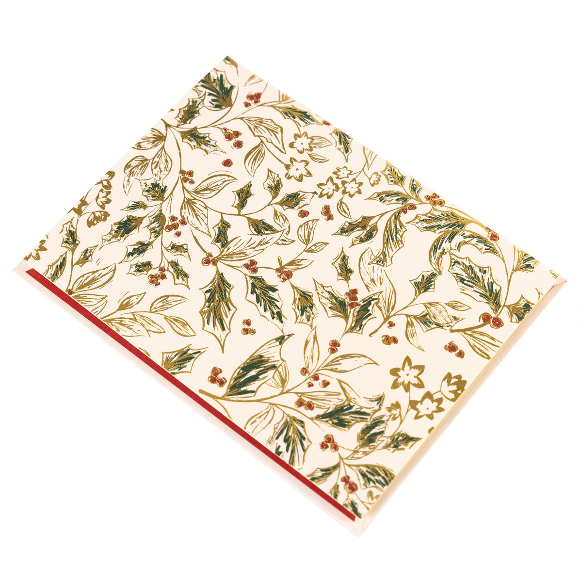 La Petite Noel Toile Holiday Boxed Correspondence Notes, A boxed Christmas correspondence card with a gold and green holly toile pattern on ivory cardstock, shown with its red envelope.