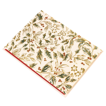 La Petite Noel Toile Holiday Boxed Correspondence Notes, A boxed Christmas correspondence card with a gold and green holly toile pattern on ivory cardstock, shown with its red envelope.