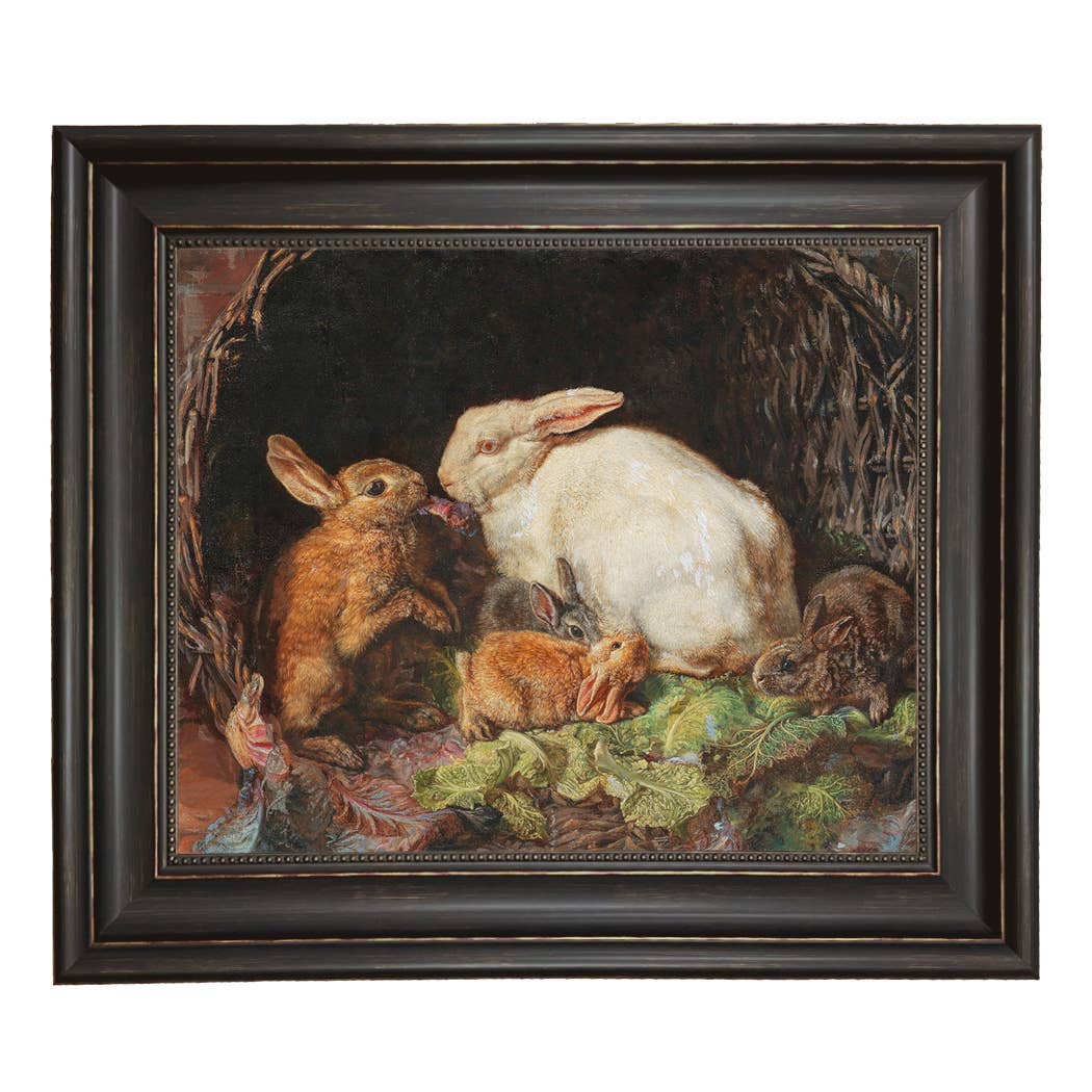 Hares and Young Framed Painting Print on Canvas