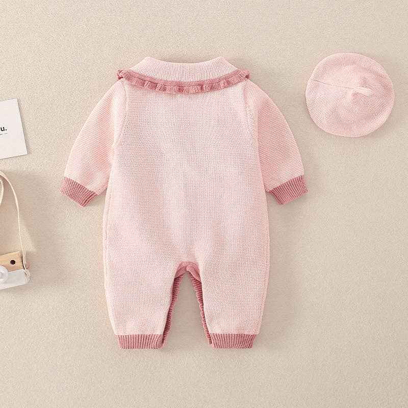 Baby Pink Floral Lace Collar Romper with Hat: Pink / 18-24M