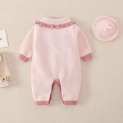 Baby Pink Floral Lace Collar Romper with Hat: Pink / 18-24M