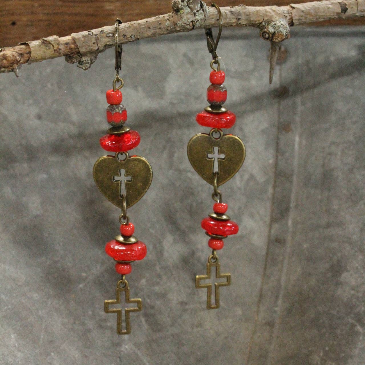 Falling Bronze Heart & Cross Dangle Earrings