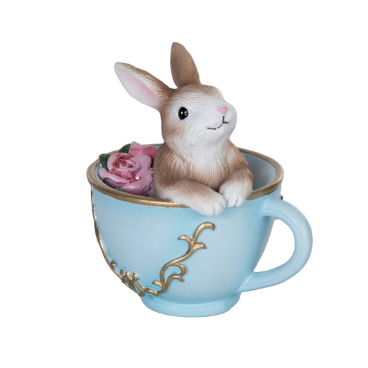 Easter Brown Bunny In Tea Cup Decorative Figurine