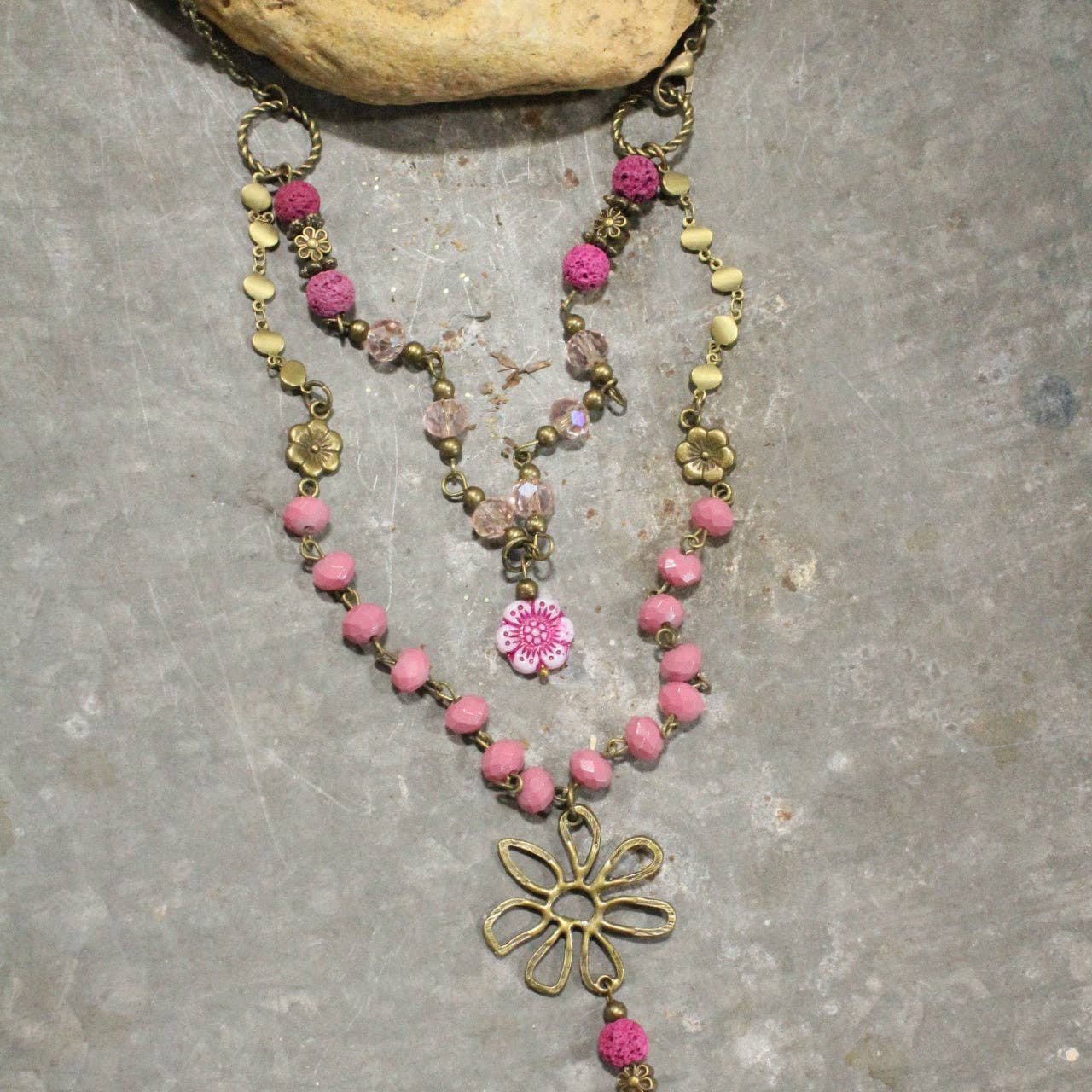 Flower Power Pendant Czech Pink Beads Layered Necklace