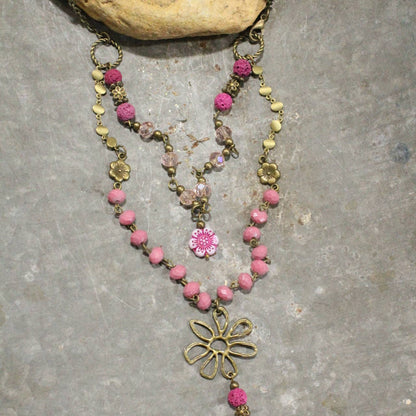Flower Power Pendant Czech Pink Beads Layered Necklace