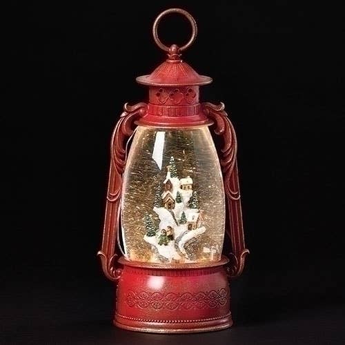 12" Rotating Village Snow Globe Lantern Red