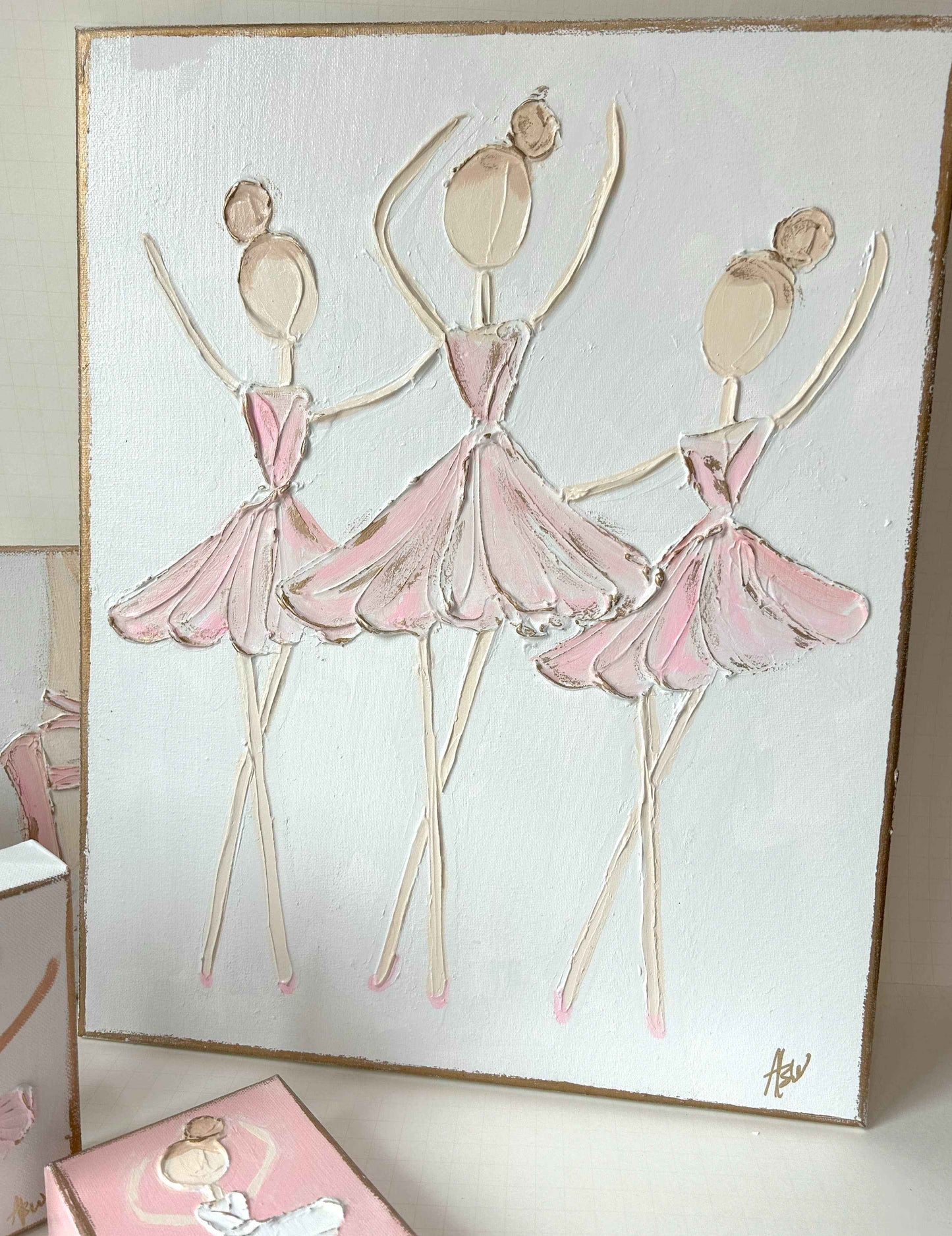 Ballerina Trio | canvas art recital dance ballet nutcracker: White back & pink dress / 11x14-inch standard profile canvas / Light skin & lt. brown hair