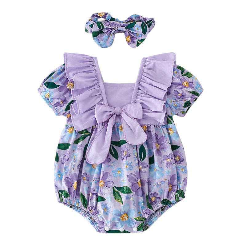 Purple Floral Bow Baby Girls Romper With Headband: 6M