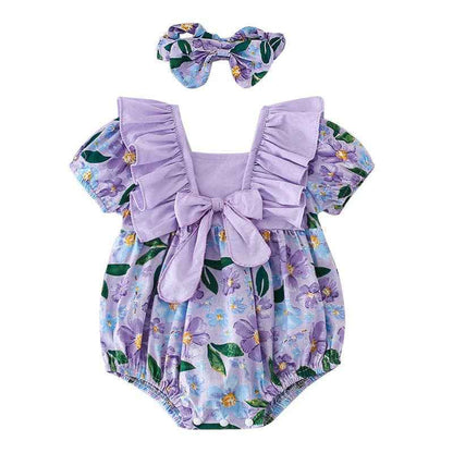 Purple Floral Bow Baby Girls Romper With Headband: 6M