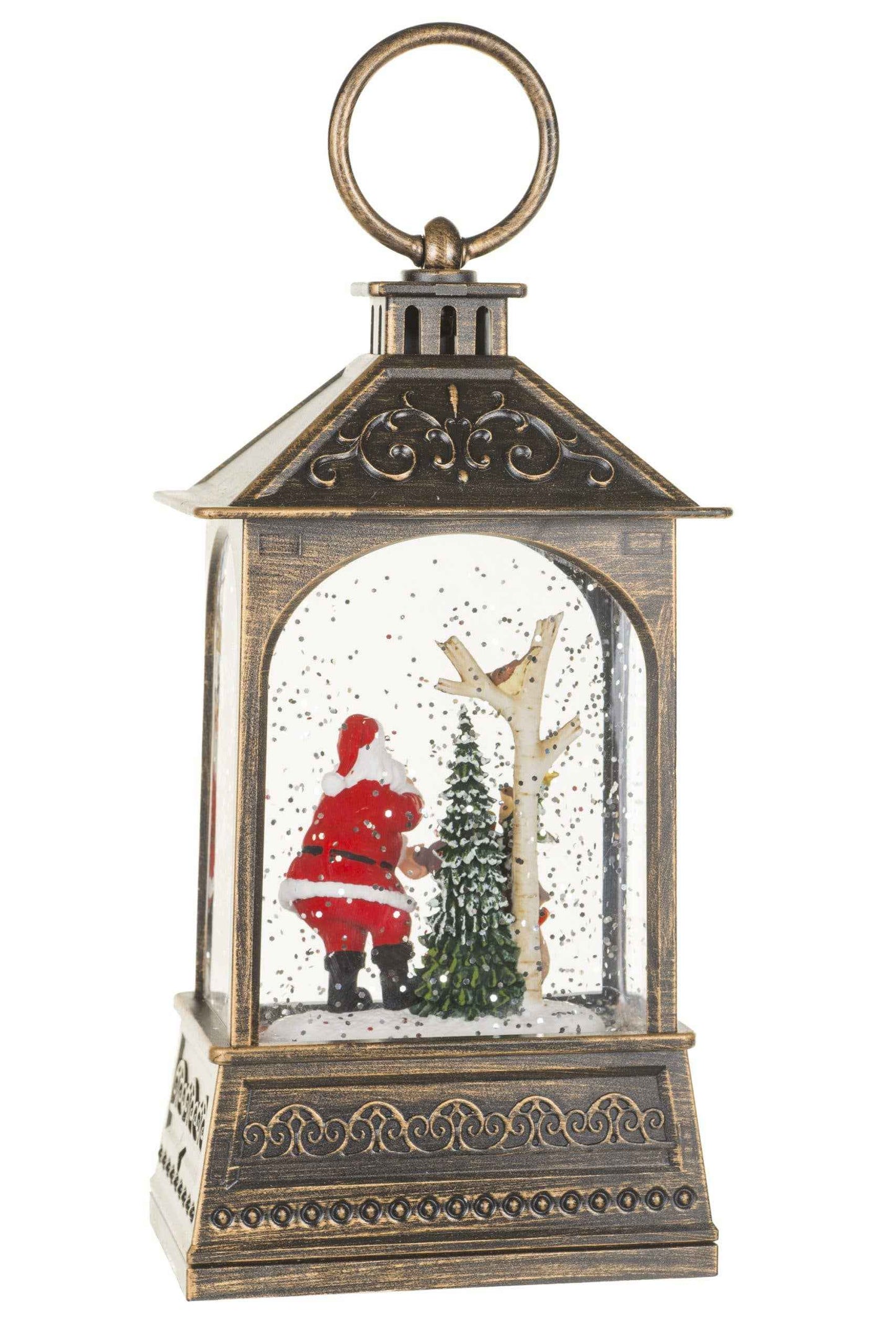 NEW- Brown Lantern Snow Globe with Woodland Santa-Scape