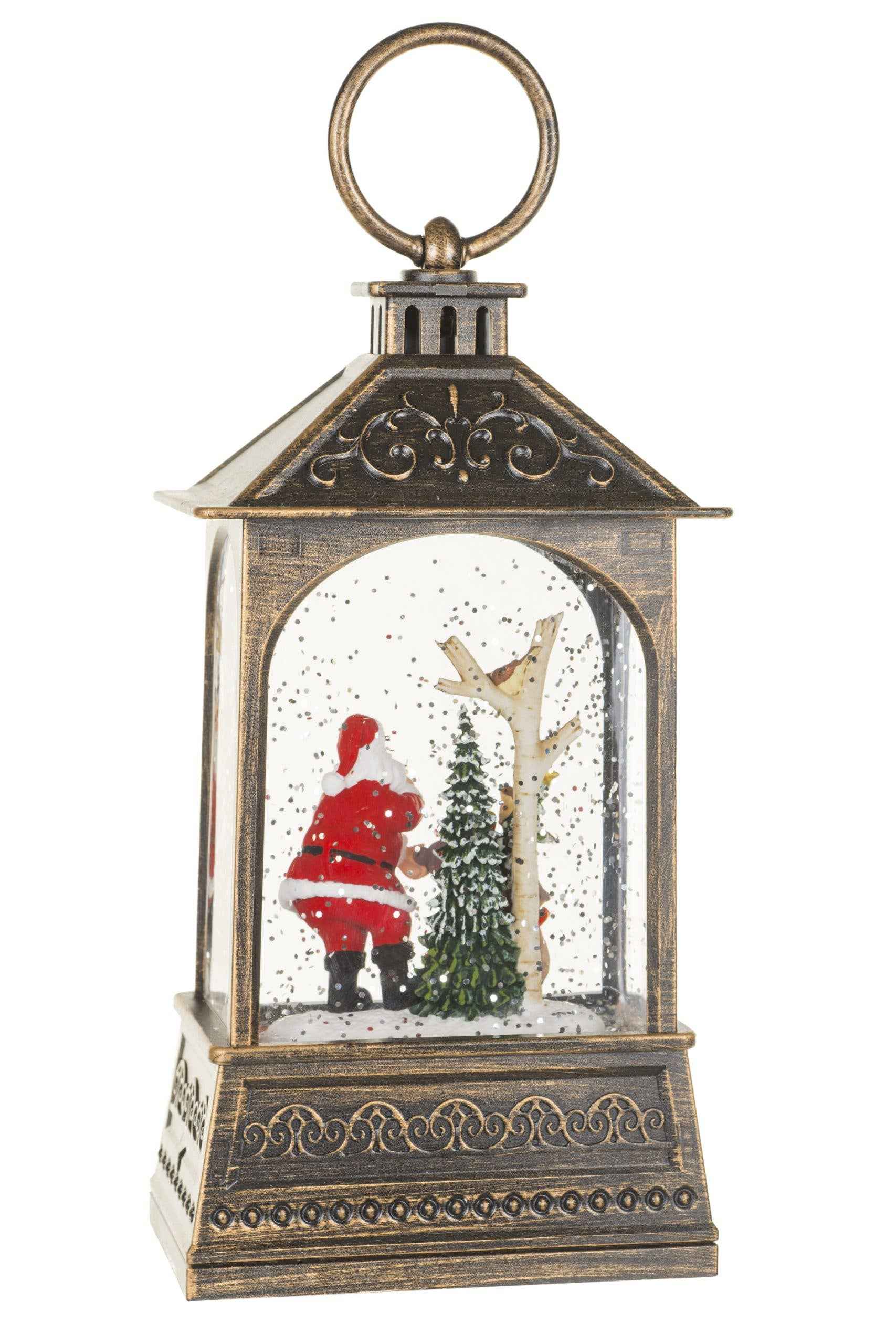 NEW- Brown Lantern Snow Globe with Woodland Santa-Scape