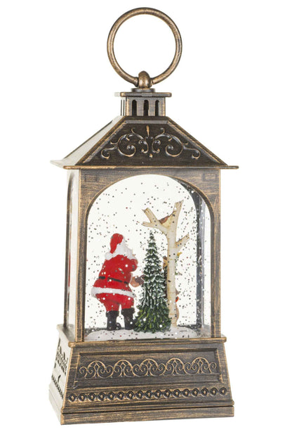NEW- Brown Lantern Snow Globe with Woodland Santa-Scape