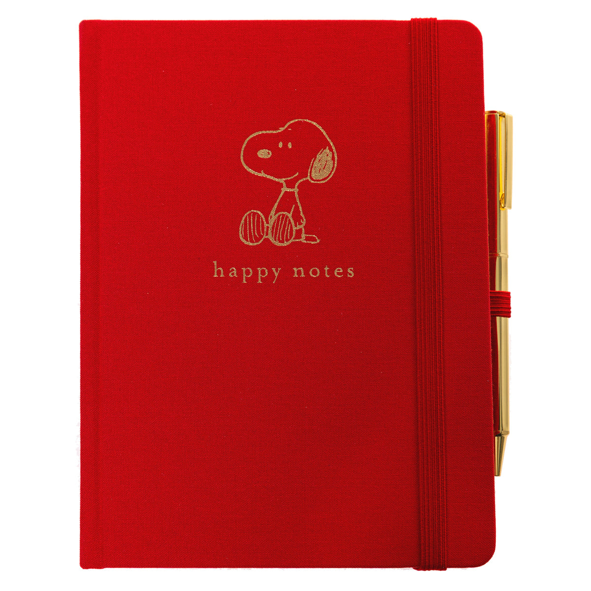 Peanuts Fabric-Bound Journal with Pen, A red fabric journal with a gold foil Snoopy illustration and the words happy notes, paired with a gold pen tucked into a loop along the spine.