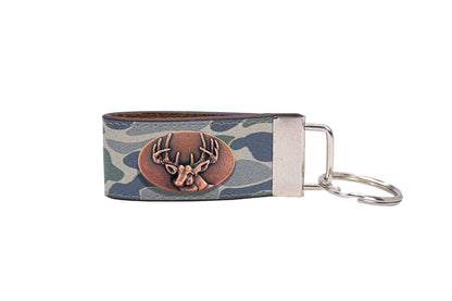 Buck Hunting Old School Camo Leather Loop Keychain.: Brown/Tan Camo