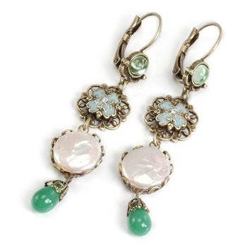 Green, Pearl and Filigree Earrings